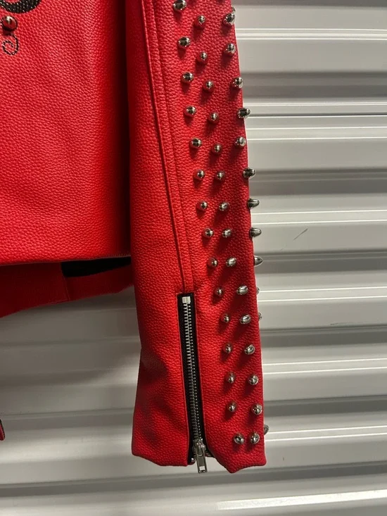 Red Studded Leather Jacket Sleeve Detail - Picture 4 of 10
